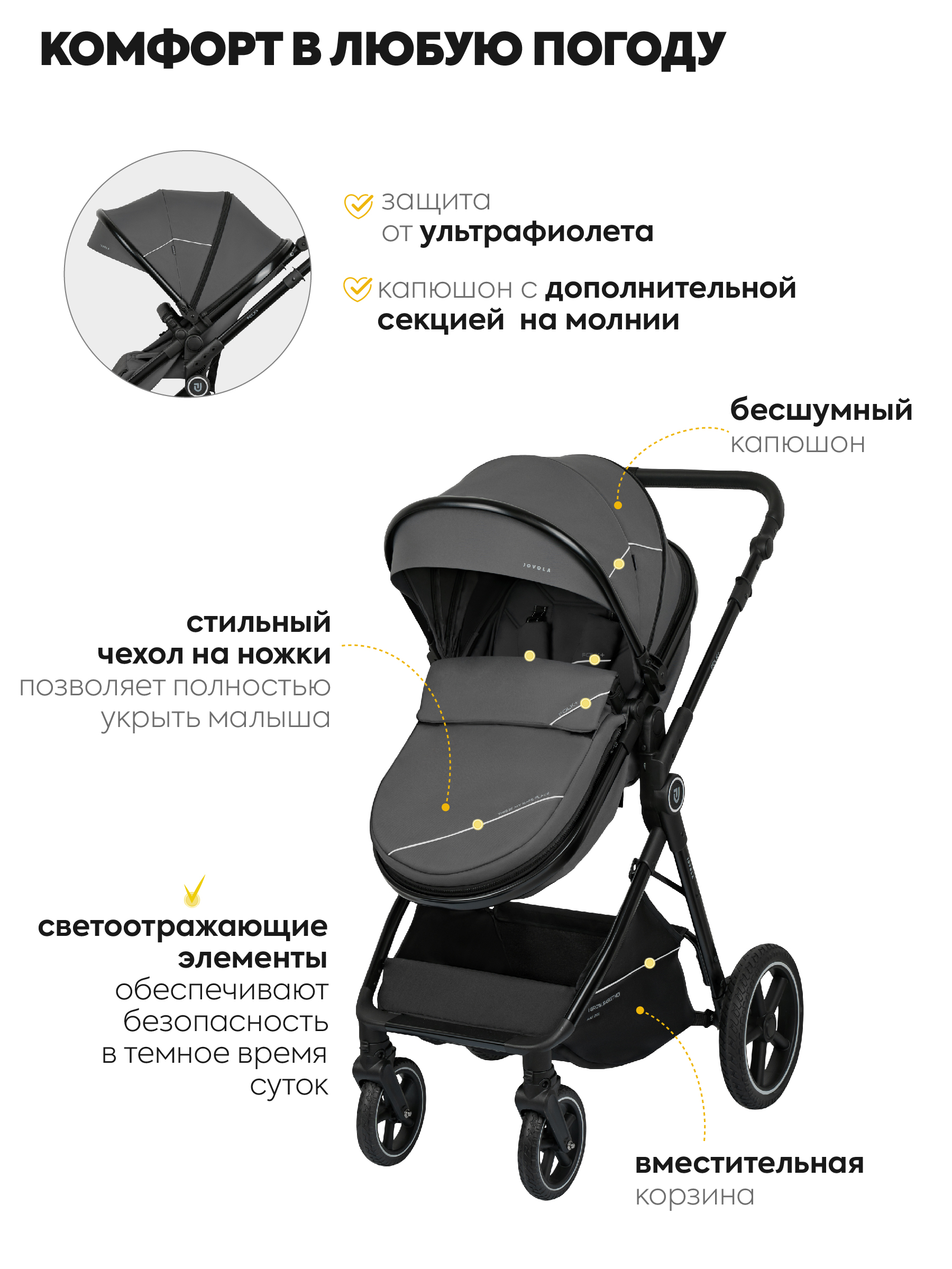Коляска трансформер JOVOLA Folk+ 3в1 серый - фото 8