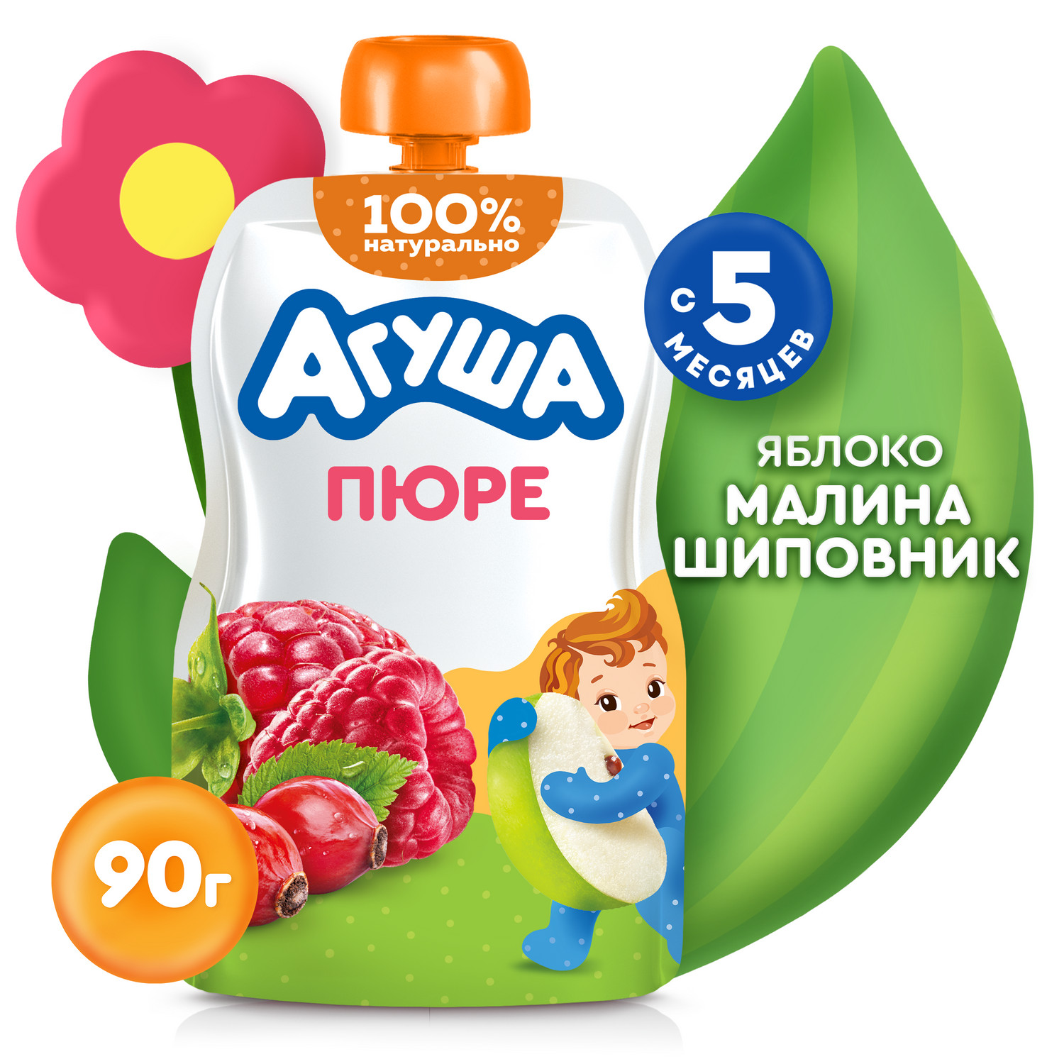 Пюре Агуша Яблоко-малина-шиповник с 5 мес 90 г - фото 1