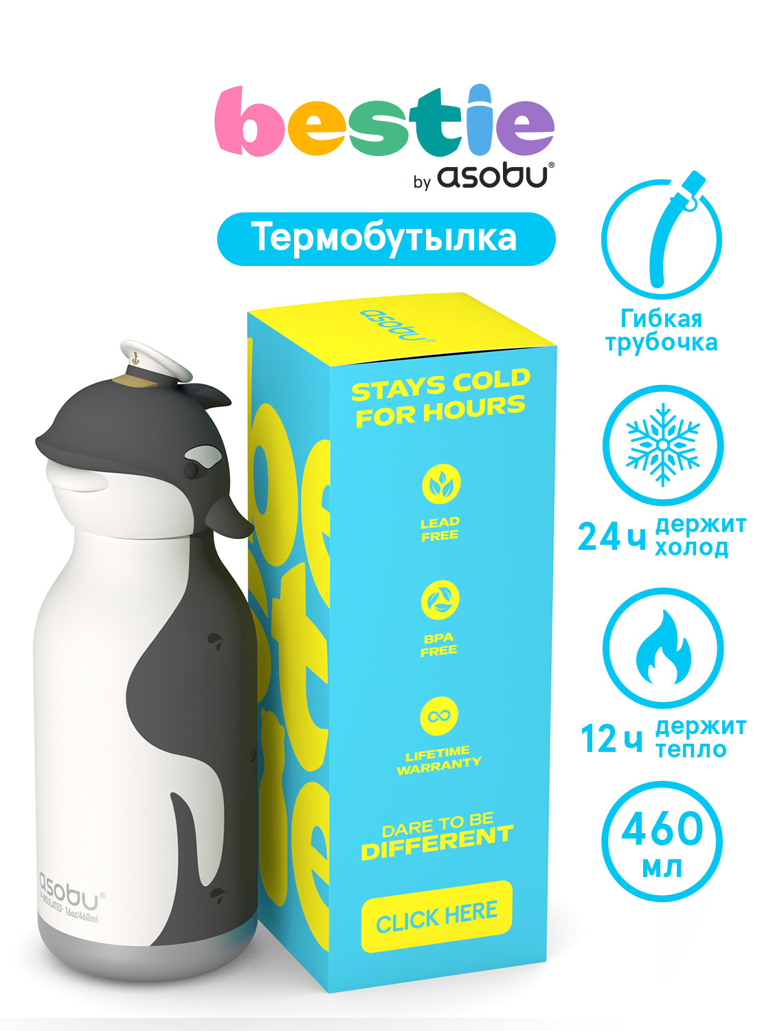Термос для воды с трубочкой ASOBU Bestie Косатка 460 мл - фото 1