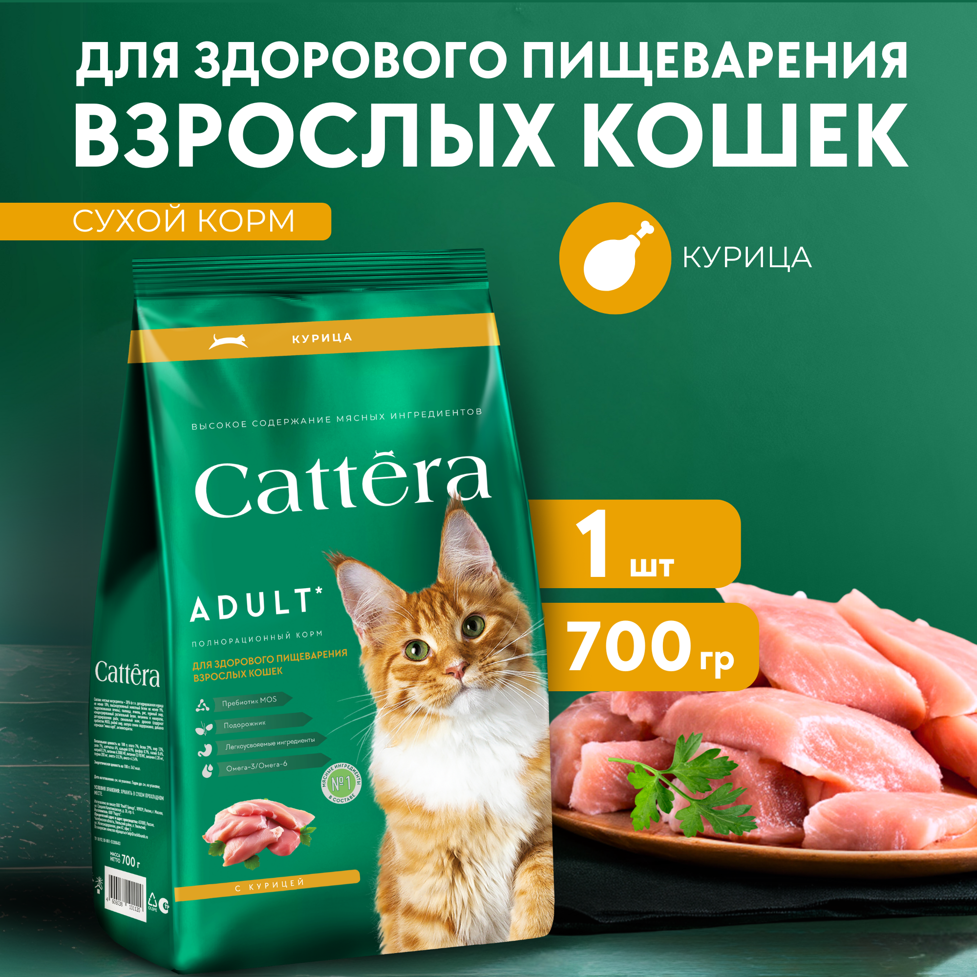Корм сухой для кошек Cattera полнорационный с курицей 0,7 кг - фото 1