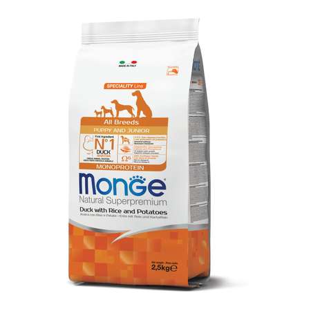 Корм для щенков MONGE 2.5кг Dog Speciality Line Monoprotein всех пород утка-рис-картофель