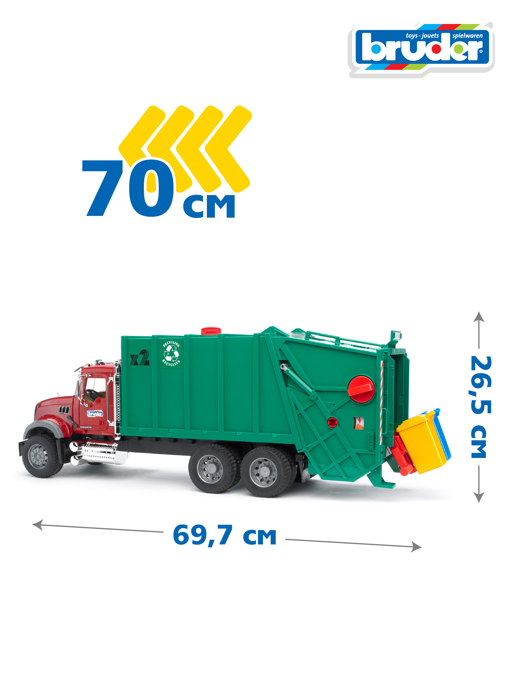 Мусоровоз Bruder MACK зелёный фургон, красная кабина 02-812 - фото 2
