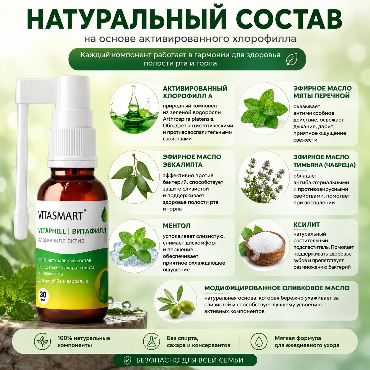 Хлорофилл жидкий спрей заживляющий 30мл VITASMART обработка трещин сосков антисептик для полости рта глотки и кожи - фото 7