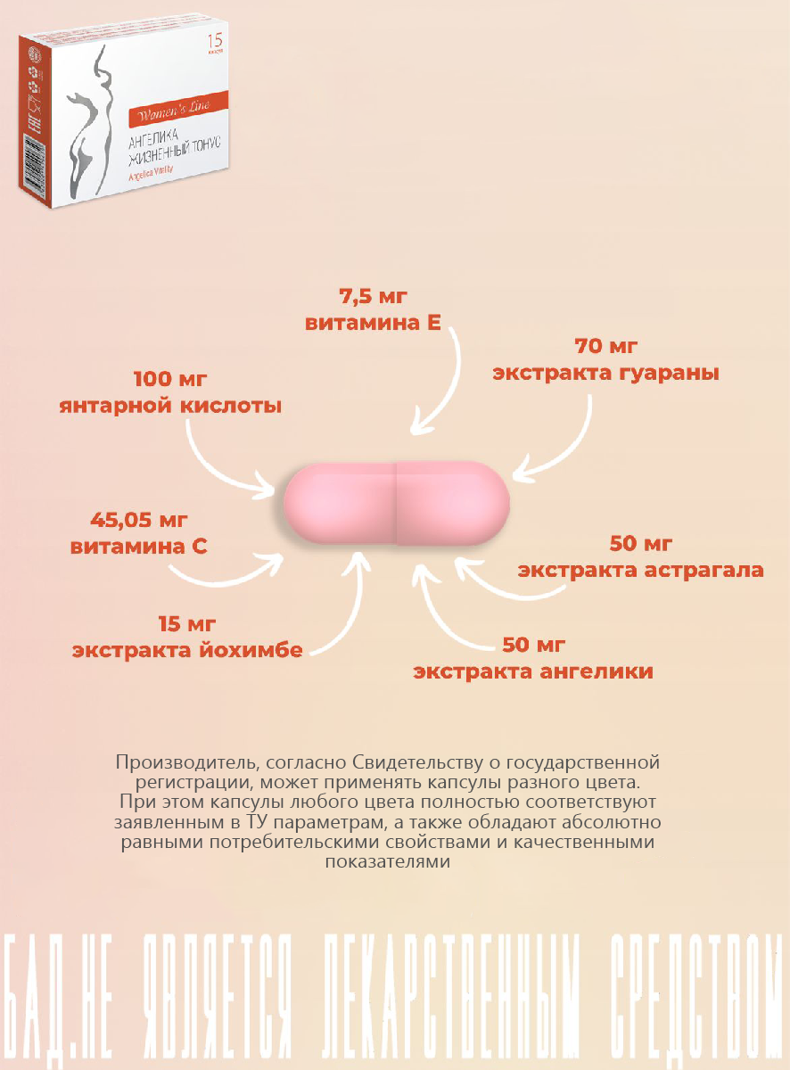 БАД Ангелика Жизненный Тонус капсулы 0.5 г №15 - фото 5