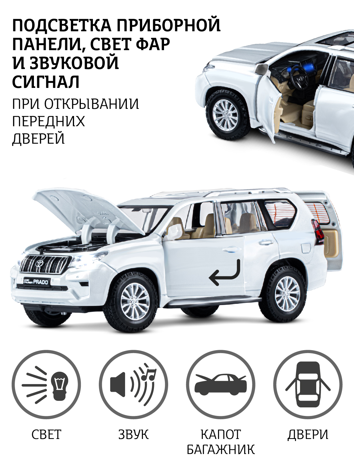 Внедорожник АВТОпанорама Toyota Land Cruiser Prado 1:24 белый JB1251506 - фото 2
