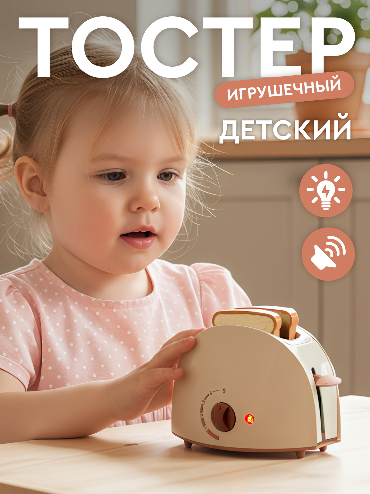 Изображение товара Игрушечный тостер AMORE BELLO JB0211209 с звуковыми эффектами и двумя ломтиками хлеба