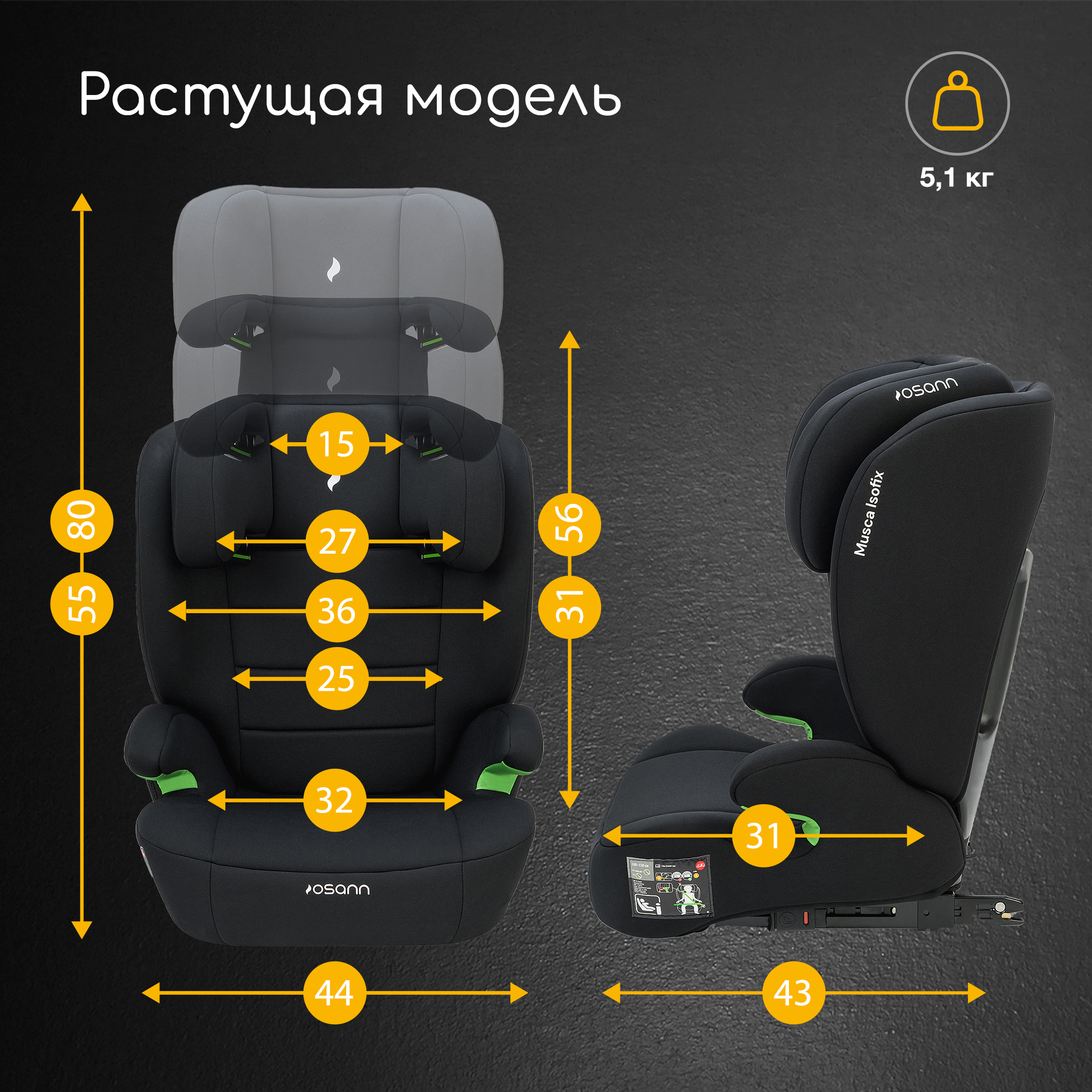 Автокресло Osann Musca Isofix Isofix 2/3 (15-36 кг) черный - фото 10