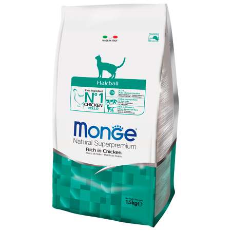Корм сухой для кошек MONGE 1.5кг курица для выведения шерсти