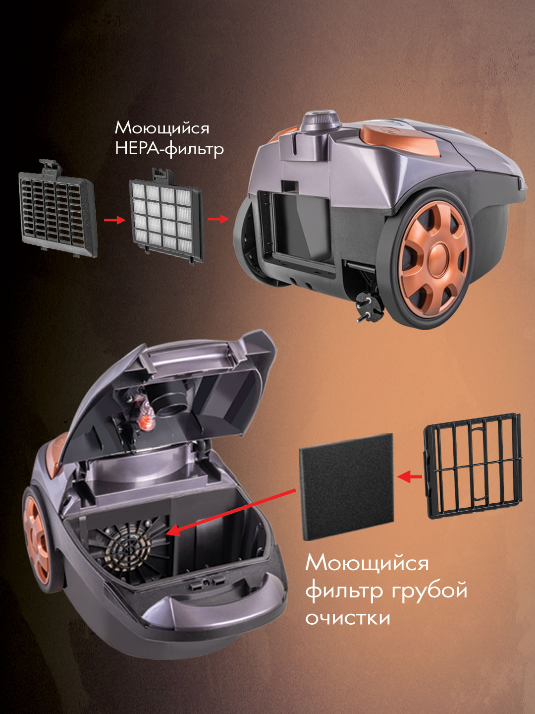 Пылесос ENDEVER SkyClean VC-250 2000 Вт 3.5 л фиолетово-серый оранжевый - фото 4