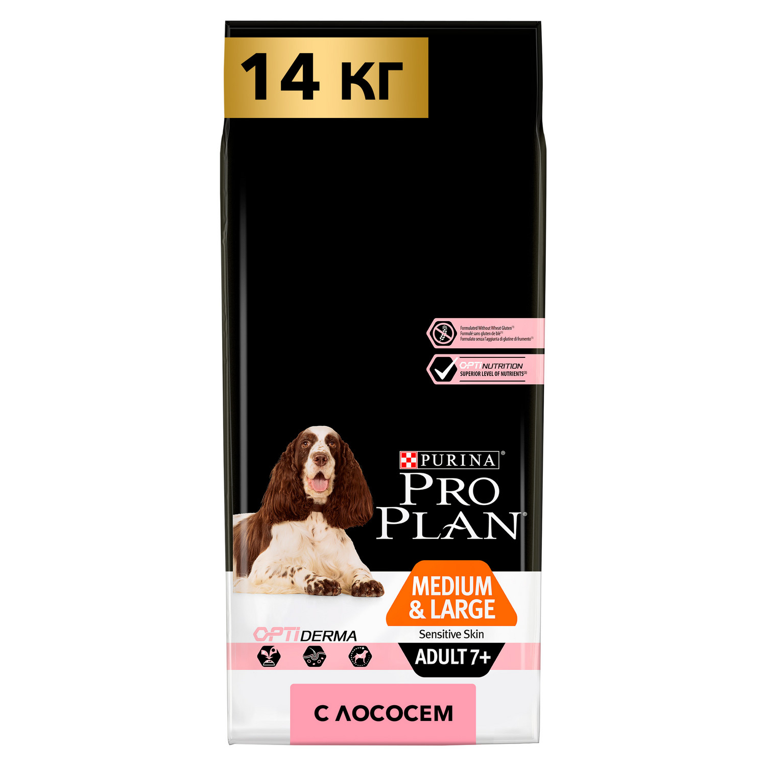 Корм для собак PRO PLAN пожилых средних и крупных пород с чувствительной кожей с комплексом Optiderma лосось с рисом 14кг - фото 1
