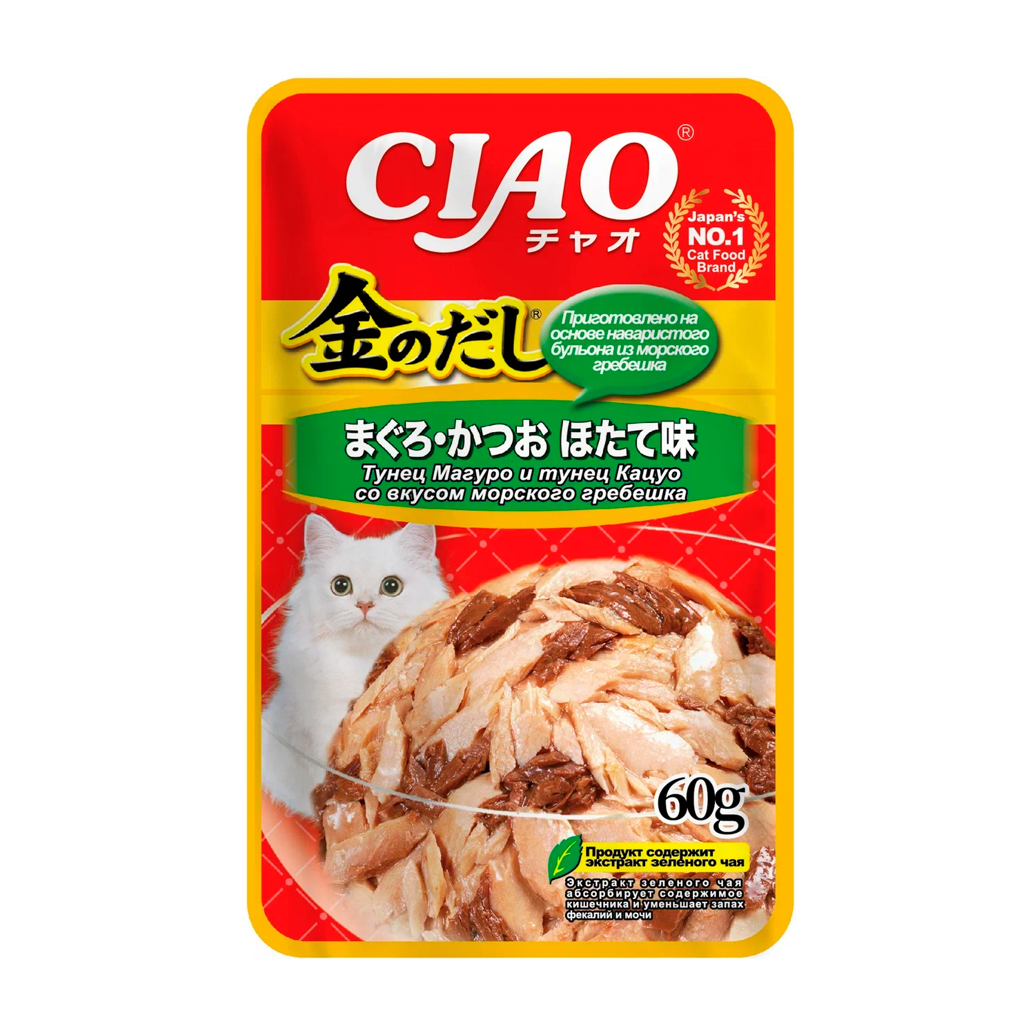 Корм для кошек INABA Ciao тунец Магуро и тунец Кацуо со вкусом морского гребешка 60г - фото 1