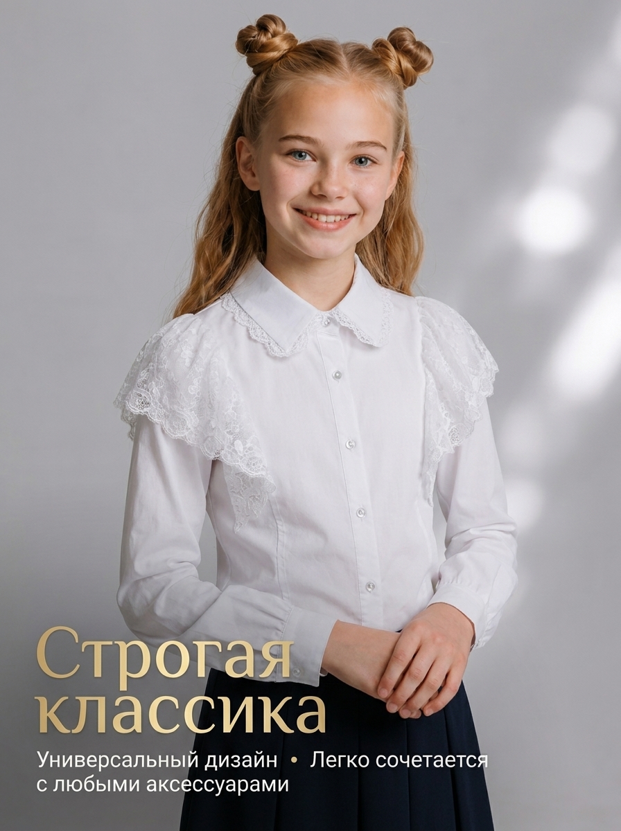 Блузка iUkoworld Блузка для девочки с кружевным воротником и съемным жабо - фото 5