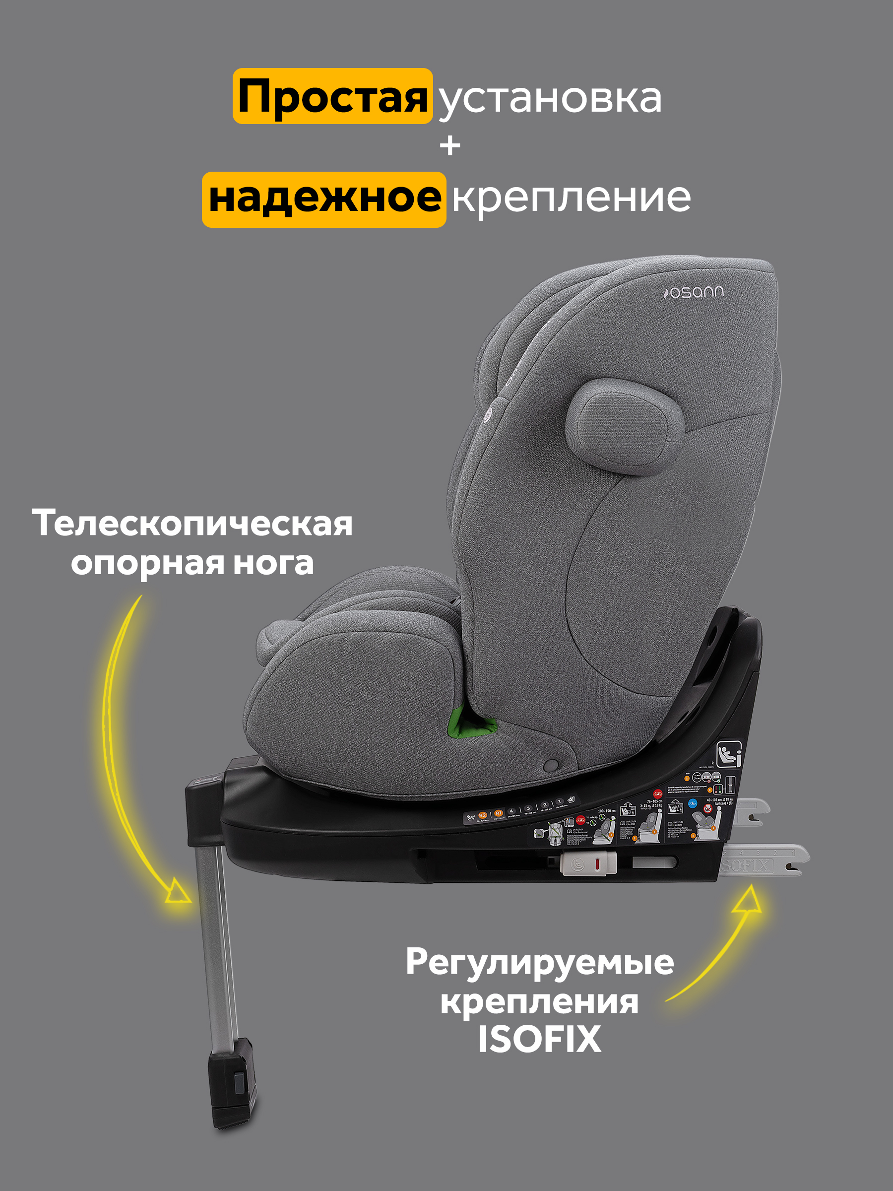 Автокресло Osann One 360 SL Iron 0-36 кг Isofix 0+/1/2/3 (0-36 кг) серый - фото 3