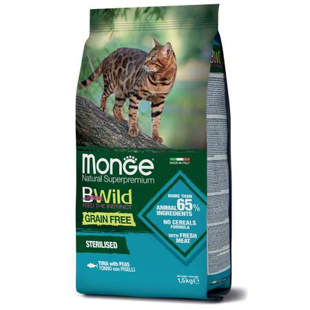 Корм для кошек MONGE BWild Grain free стерилизованных из тунца и гороха 1.5кг