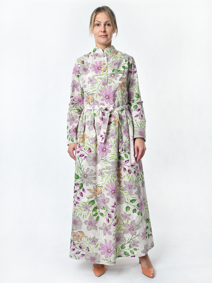 Платье Льняная Горница пл025-02/бежевый-сиреневый-зеленый - фото 1