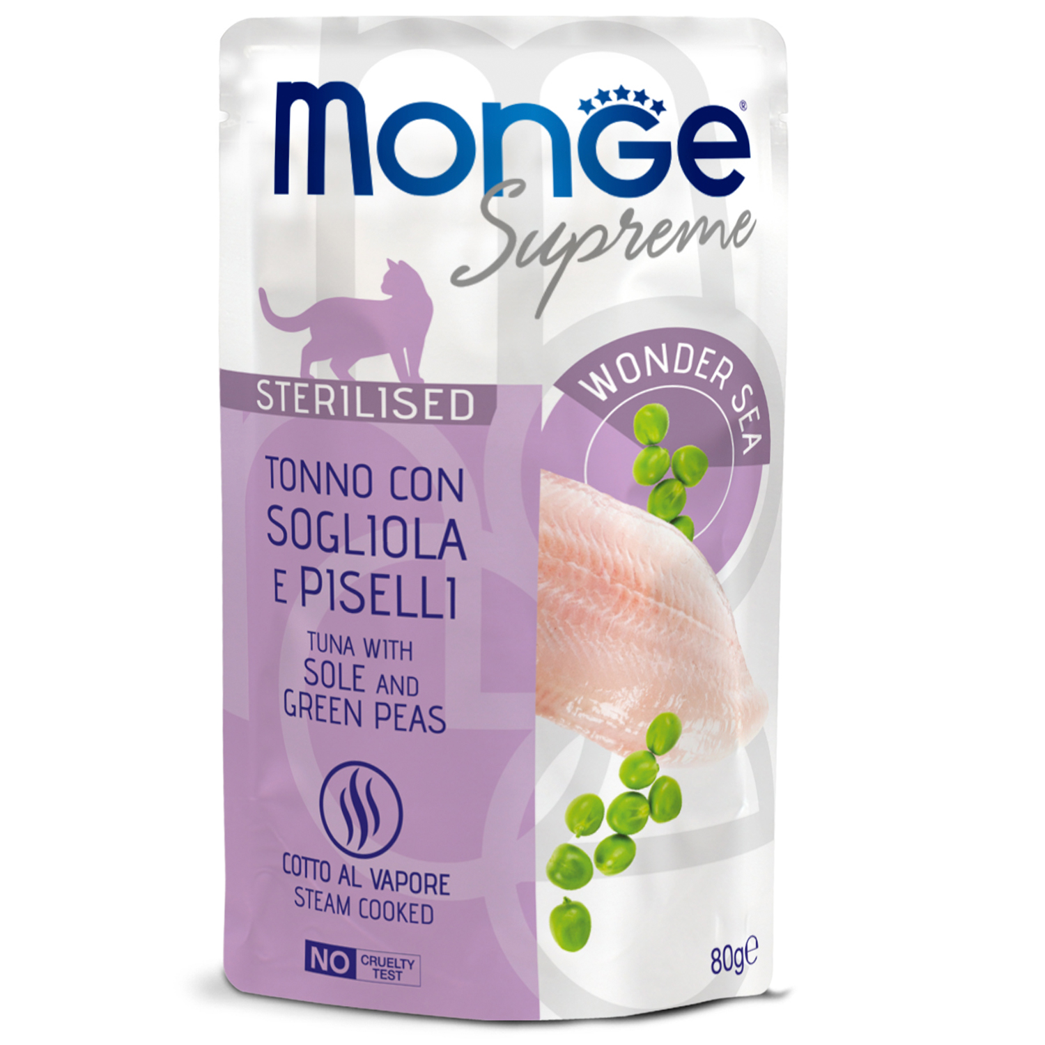 Корм для кошек Monge 80г Supreme sterilized cat тунец с желтоперой камбалой и зелёным горошком пауч - фото 2