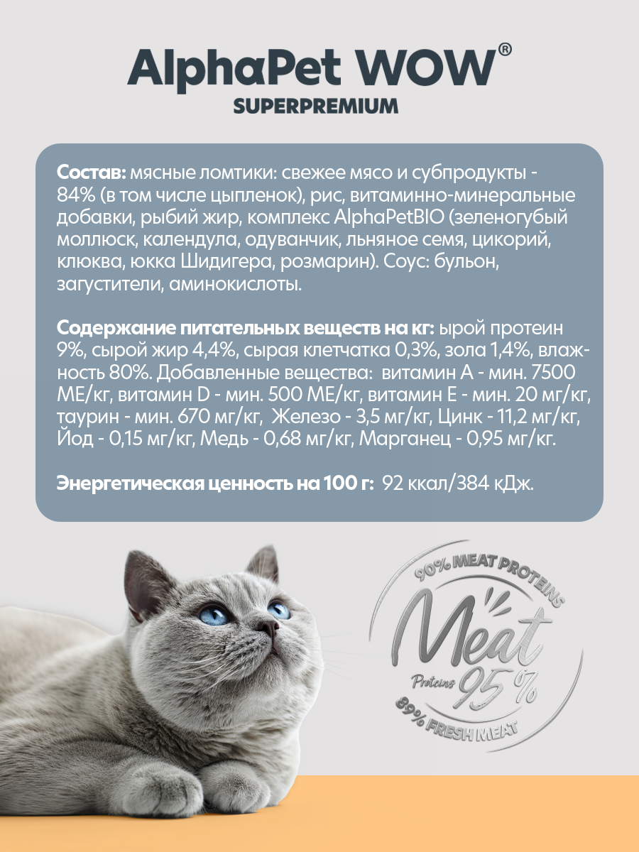 Пауч 28 шт Влажный полнорационный корм AlphaPet для взрослых кошек цыпленок сочные кусочки в соусе 85 г - фото 4