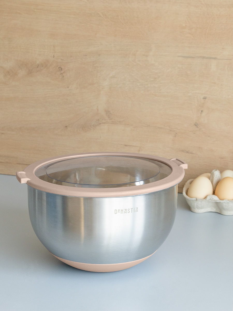 Миска DeNASTIA с прозрачной крышкой 3 л нерж.сталь бежевый A000335 - фото 1