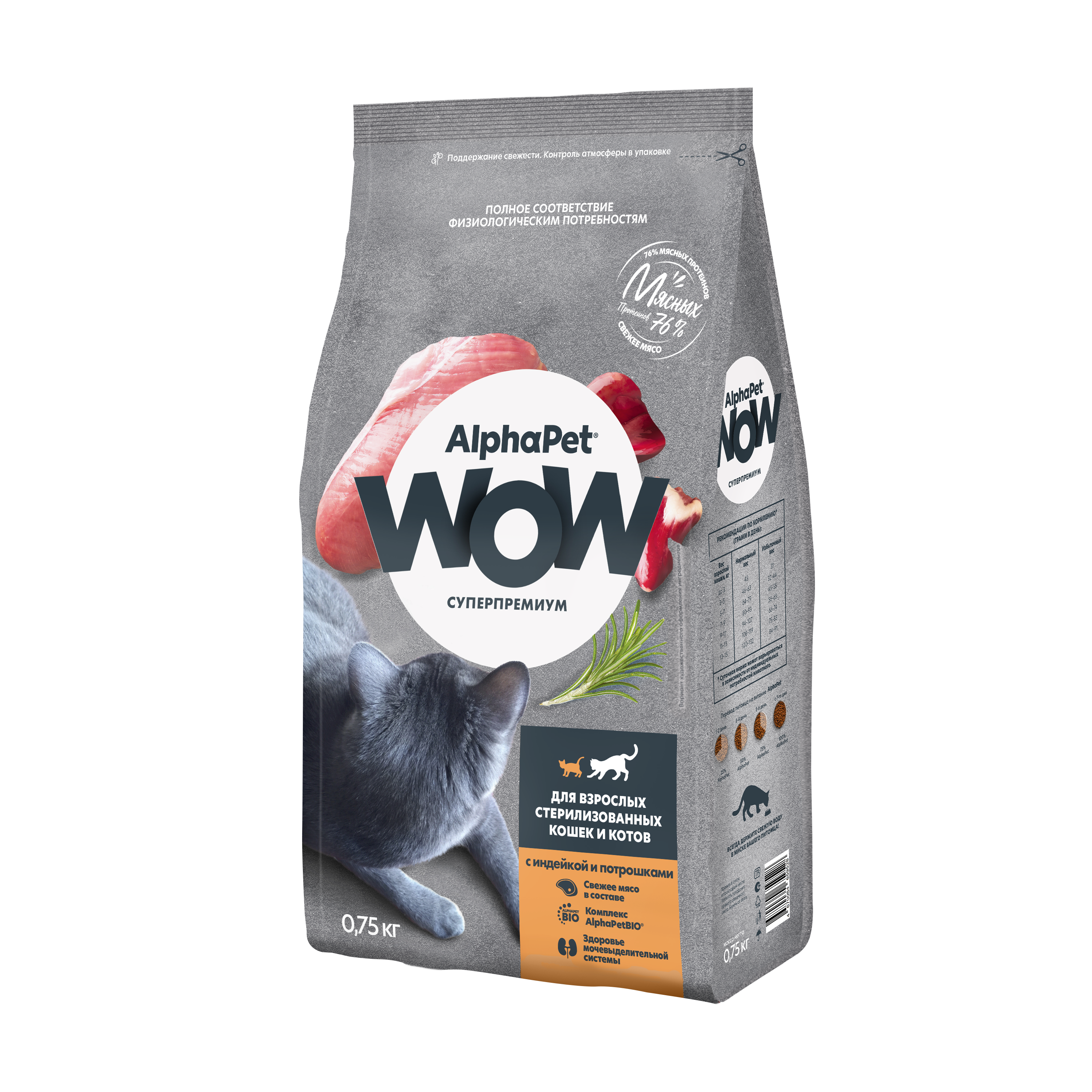 Сухой корм AlphaPet WOW 750г для взрослых стерилизованных кошек и котов с индейкой и потрошками - фото 3