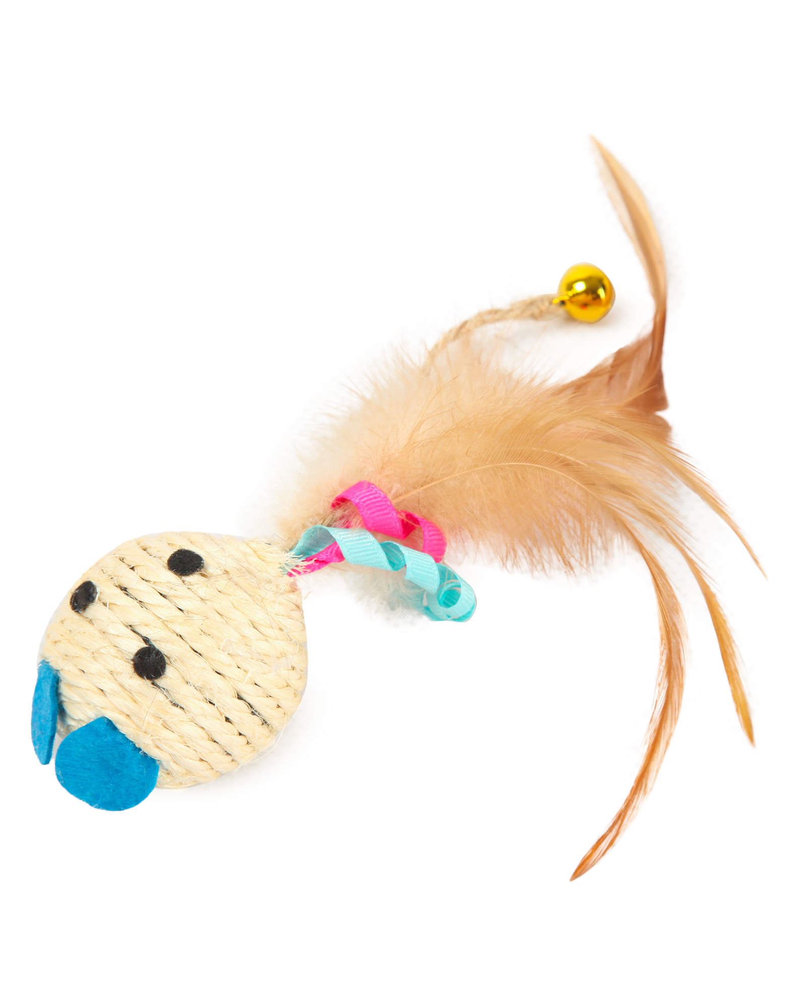 Игрушка для кошек Barbaks Мышка Ленточка с кошачьей мятой. бубенчиком и натуральными перьями 18*6.5см - фото 5