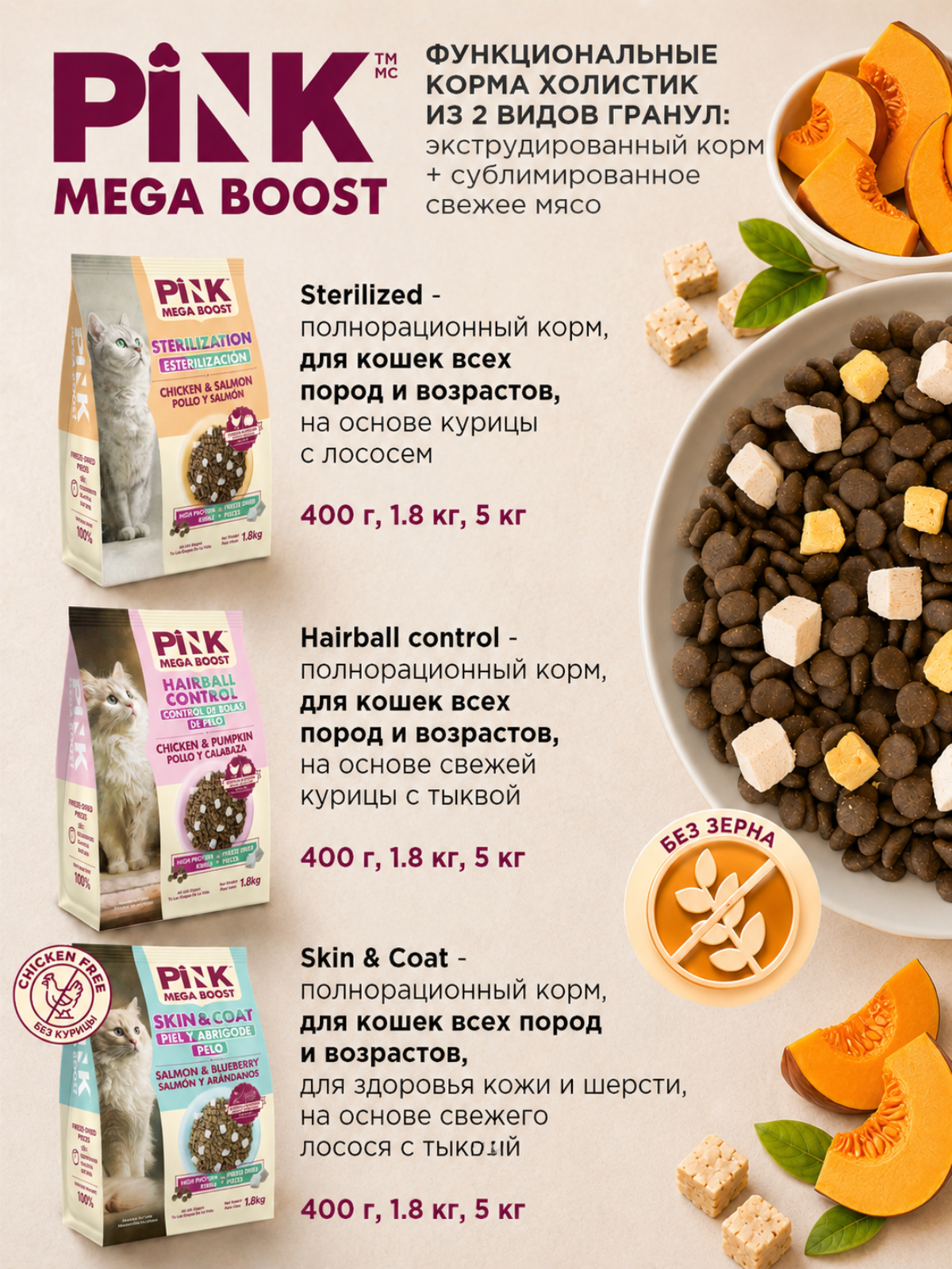 Сухой корм для стерилизованных кошек PINK MEGA BOOST Курица с лососем с сублимированным мясом 1.8 кг - фото 6