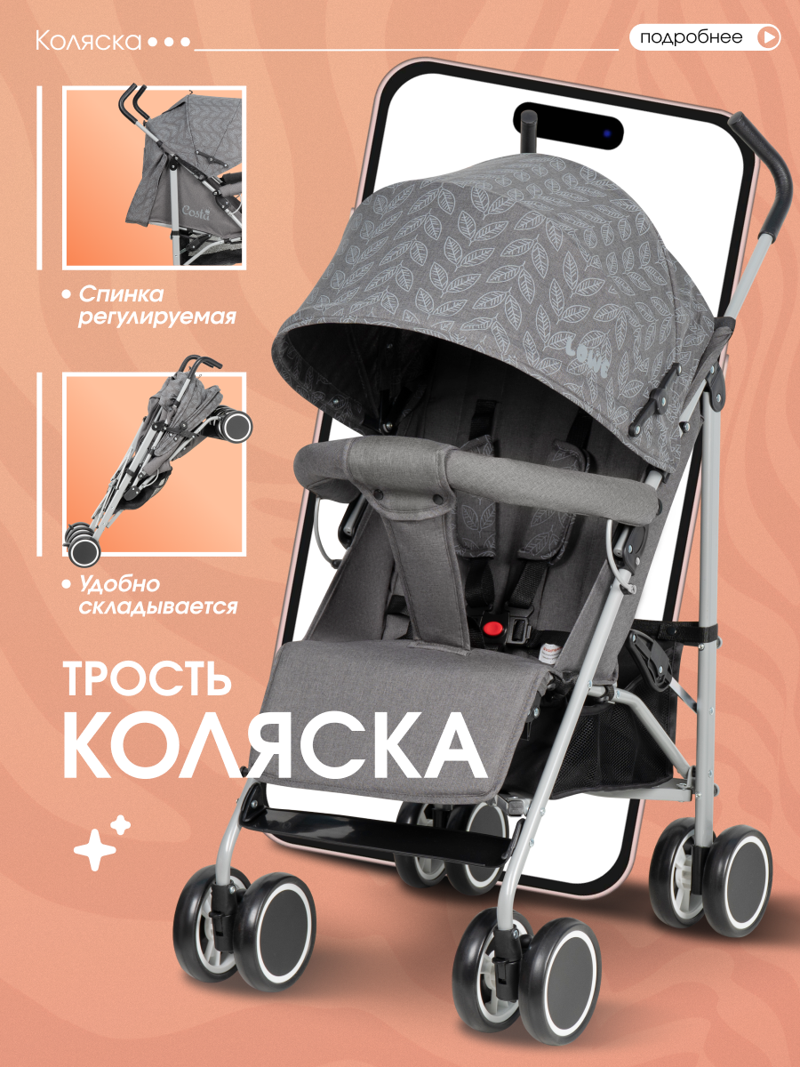 Коляска прогулочная Costa трость серый - фото 1