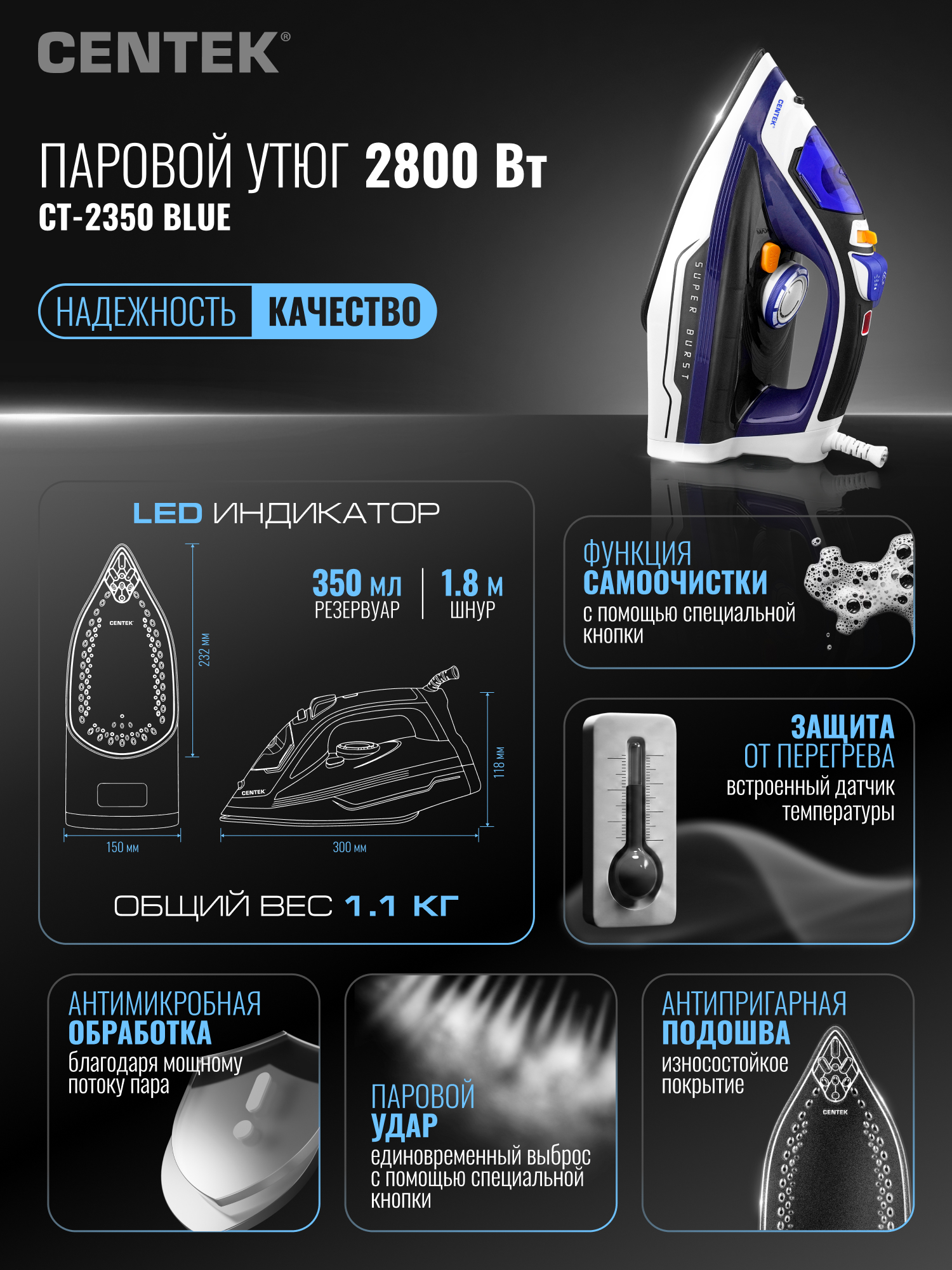 Утюг CENTEK CT-2350 BLUE - фото 9