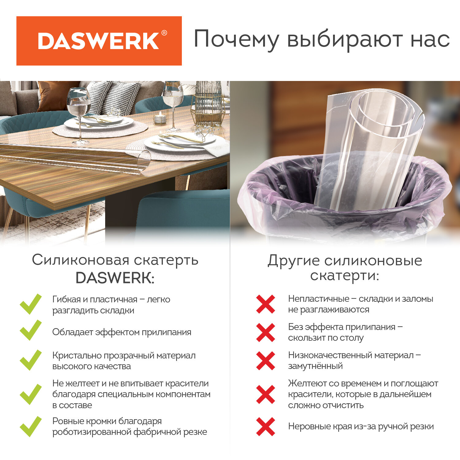 Скатерть ПВХ DASWERK силиконовая прозрачная клеенка 140х75 см - фото 11