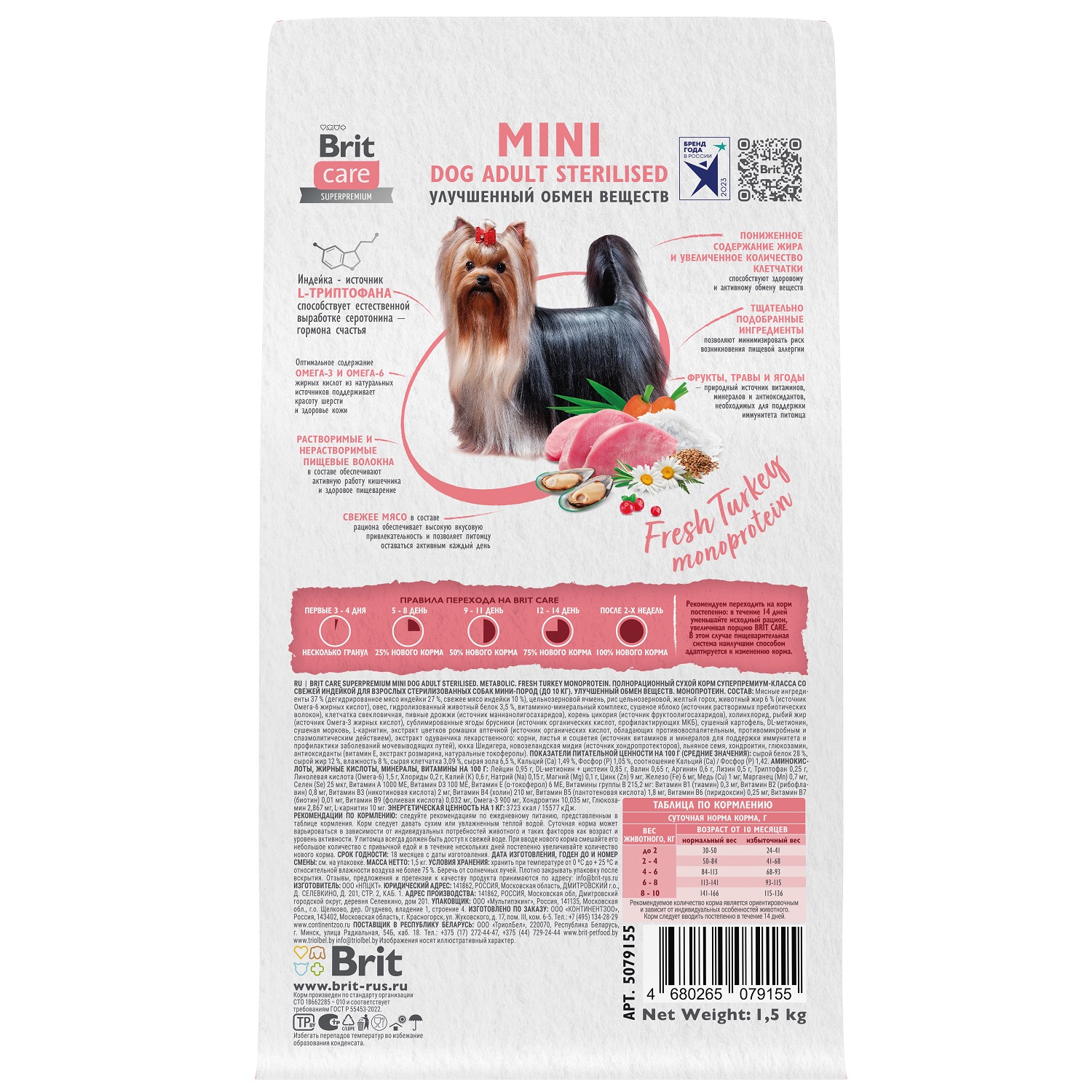 Корм для собак для мини пород Brit стерилизованных Care Mini 1.5кг с индейкой Adult Sterilised Metabolic - фото 4