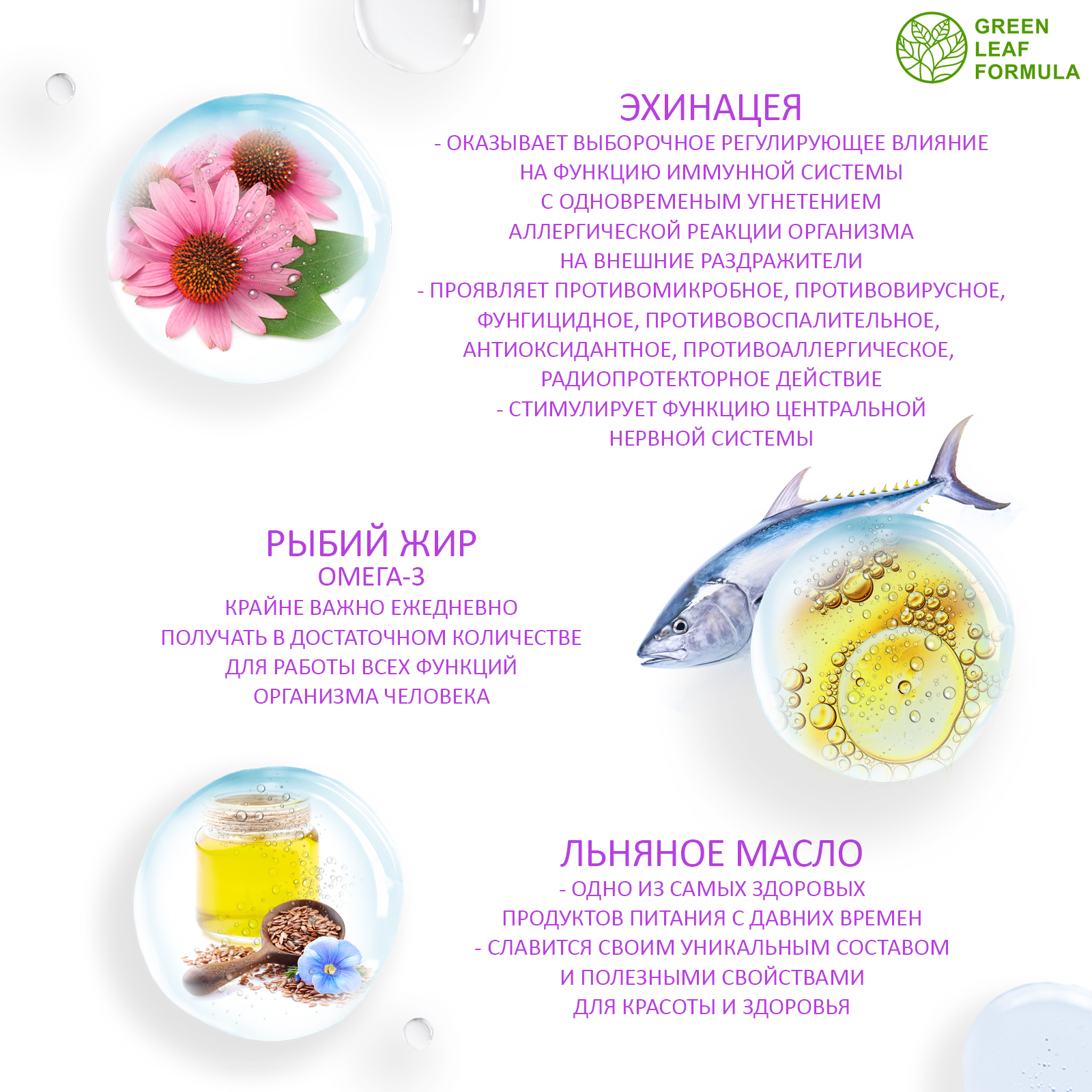 Эхинацея для иммунитета Green Leaf Formula от простуды и гриппа омега 3 790 мг 30 капсул - фото 5