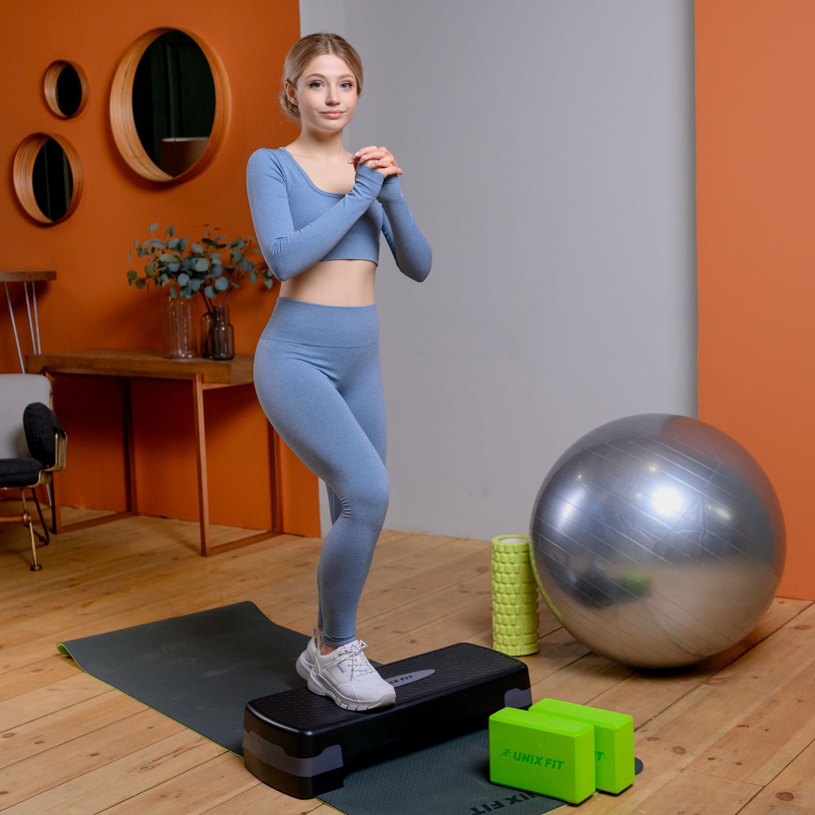 Степ-платформа UNIX Fit для фитнеса 2 уровня, 68 см, серый - фото 12