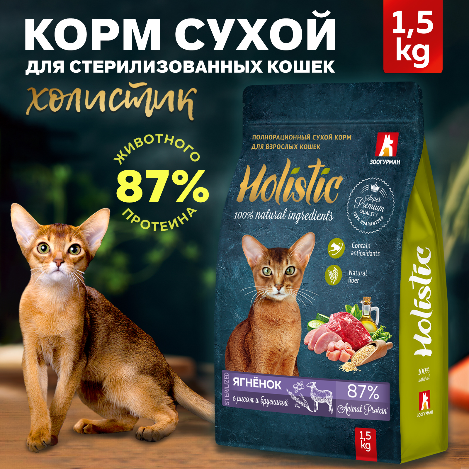 Корм для кошек Зоогурман Holistic 1.5кг ягненок с рисом и брусникой полнорационный сухой - фото 1