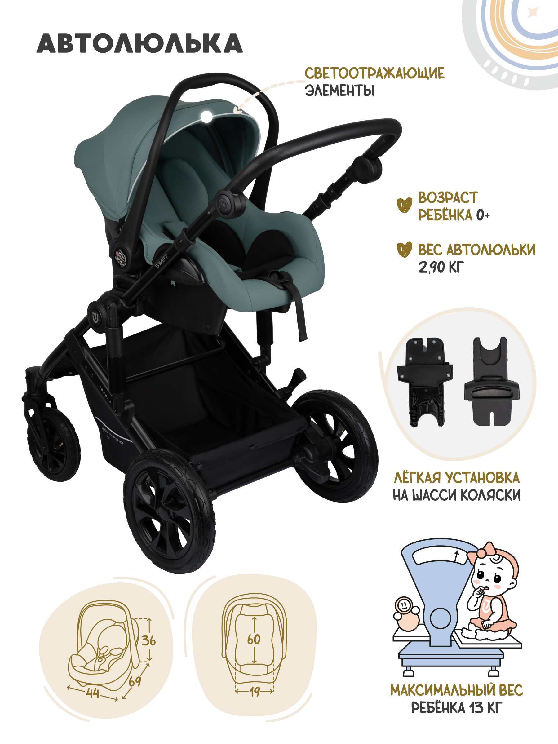 Коляска 3в1 JOVOLA Swift Plus зеленый - фото 7