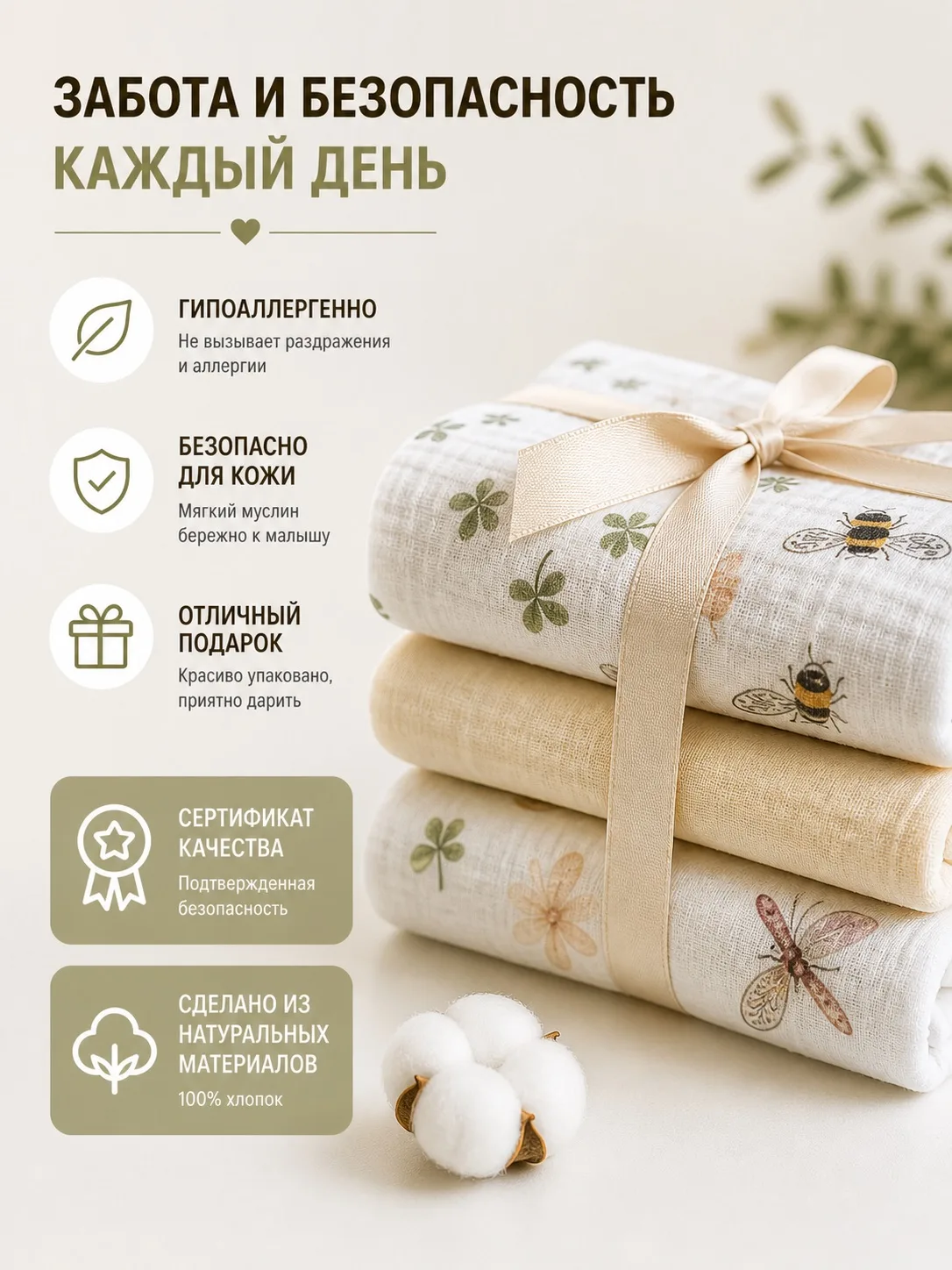 Пелёнка Сонный ежик муслиновая муслин 90х120 см 3 шт. - фото 3