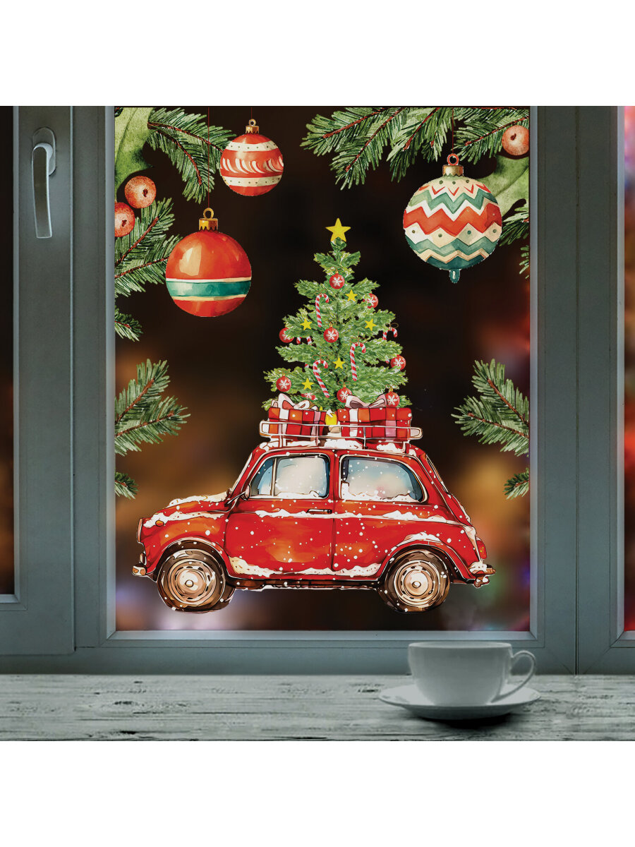 Новогодняя наклейка Золотая сказка на окна и стекла двусторонняя многоразовая Машинка 30x38 см - фото 9