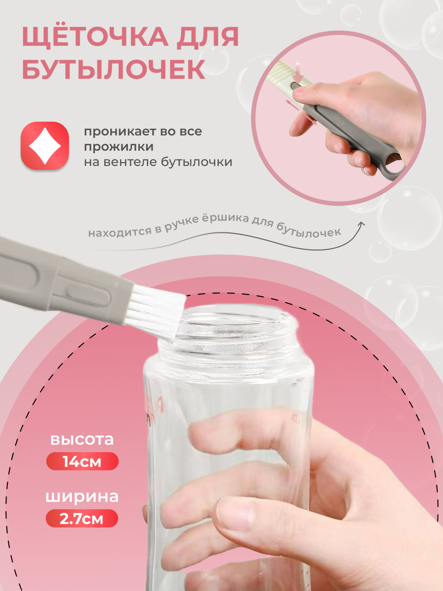 Ершик для бутылочек и сосок CHEREMASHKA силиконовый серый набор 4 предмета - фото 6