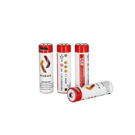 Аккумуляторная батарейка РУБИН LI-ION размер АА 1.5 В 2400mWh USB Type C 4шт/блистер с кабелем