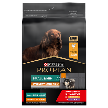 Сухой корм PRO PLAN для взрослых собак мелких с курицей 3кг+влажный корм с уткой и курицей 85г*3шт