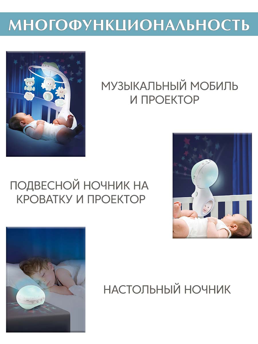 Мобиль INFANTINO 3 в 1 Музыкальный серо-зеленый - фото 2