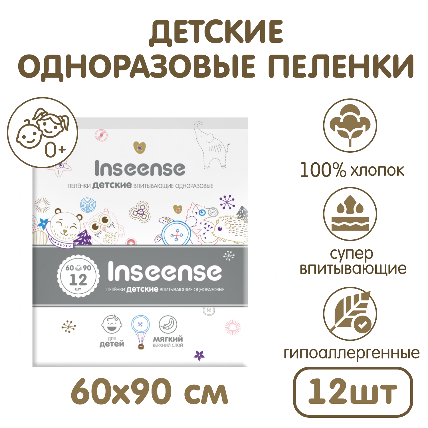 Пелёнки одноразовые INSEENSE 60х90 см 12 шт. - фото 1