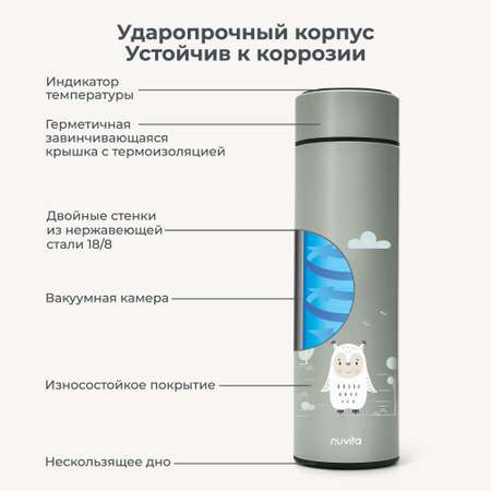 Термос с датчиком температуры и ситечком Nuvita для воды чая и других напитков 500 мл серый