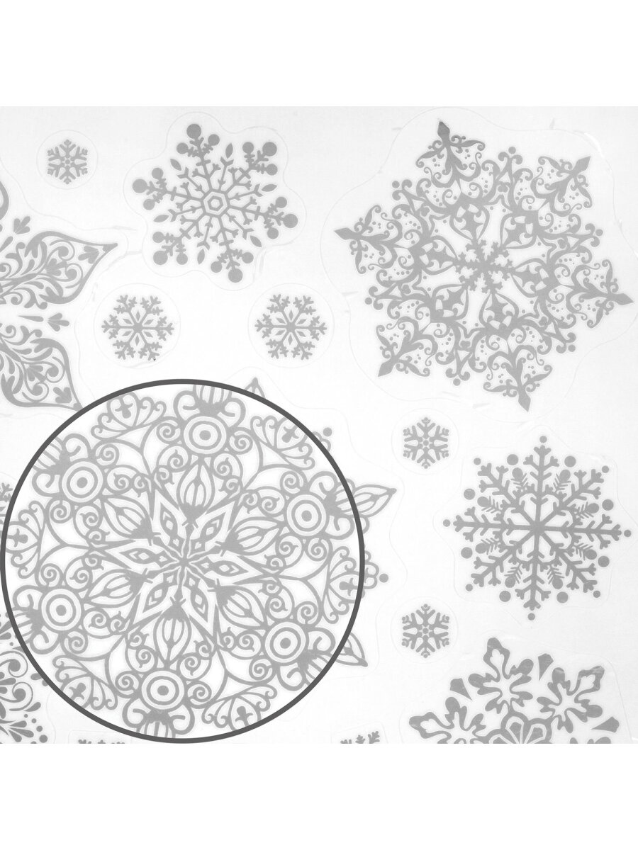 Новогодние наклейки Золотая сказка на окна и стекла многоразовые Снежинки 4 листа 30x38 см - фото 6