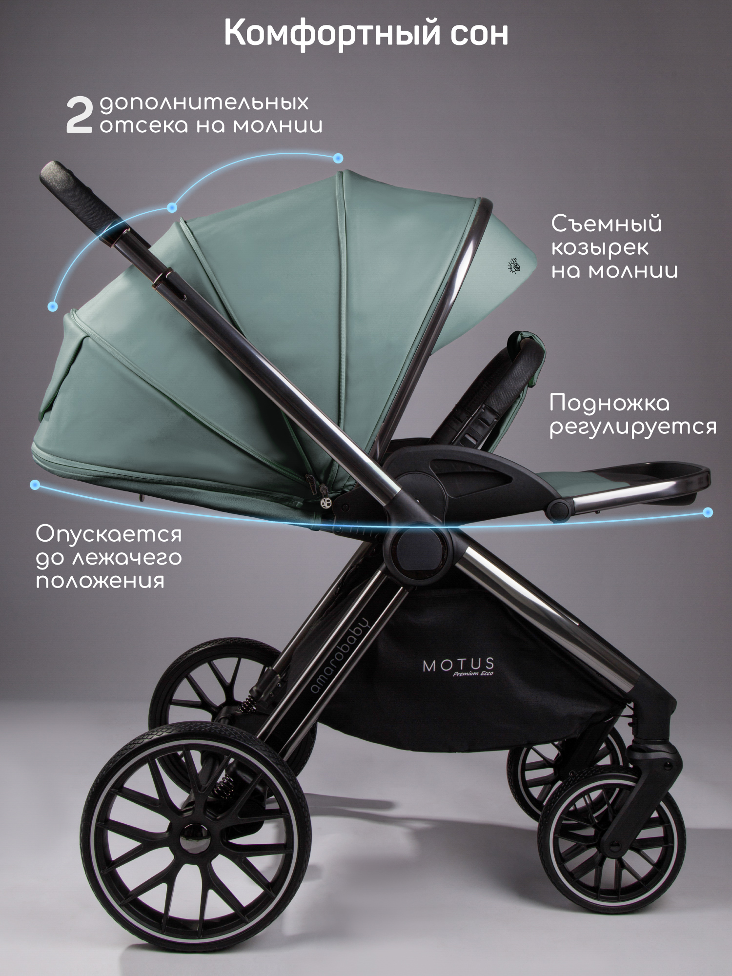 Коляска 2в1 Amarobaby Motus Premium Ecco бирюзовый - фото 21
