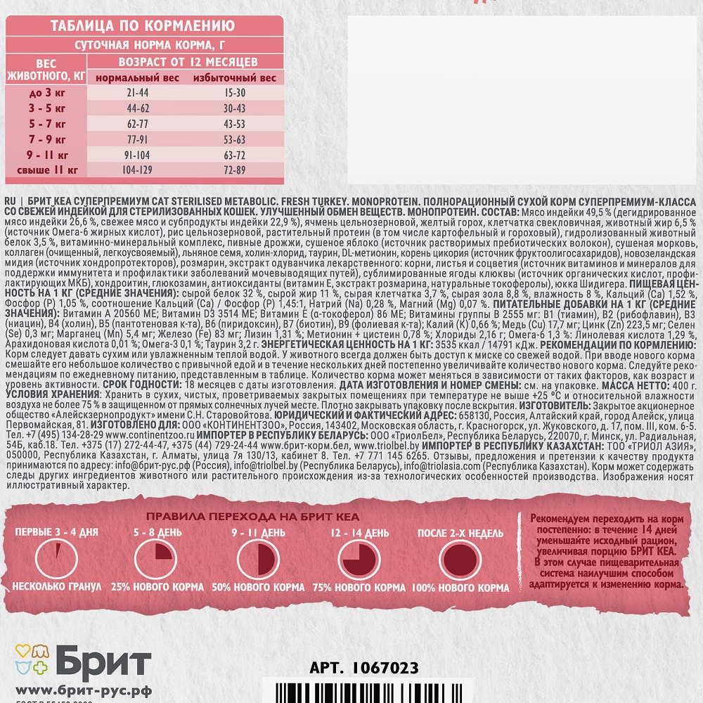 Сухой корм для стерилизованных кошек Brit Care с индейкой 0.4кг - фото 5