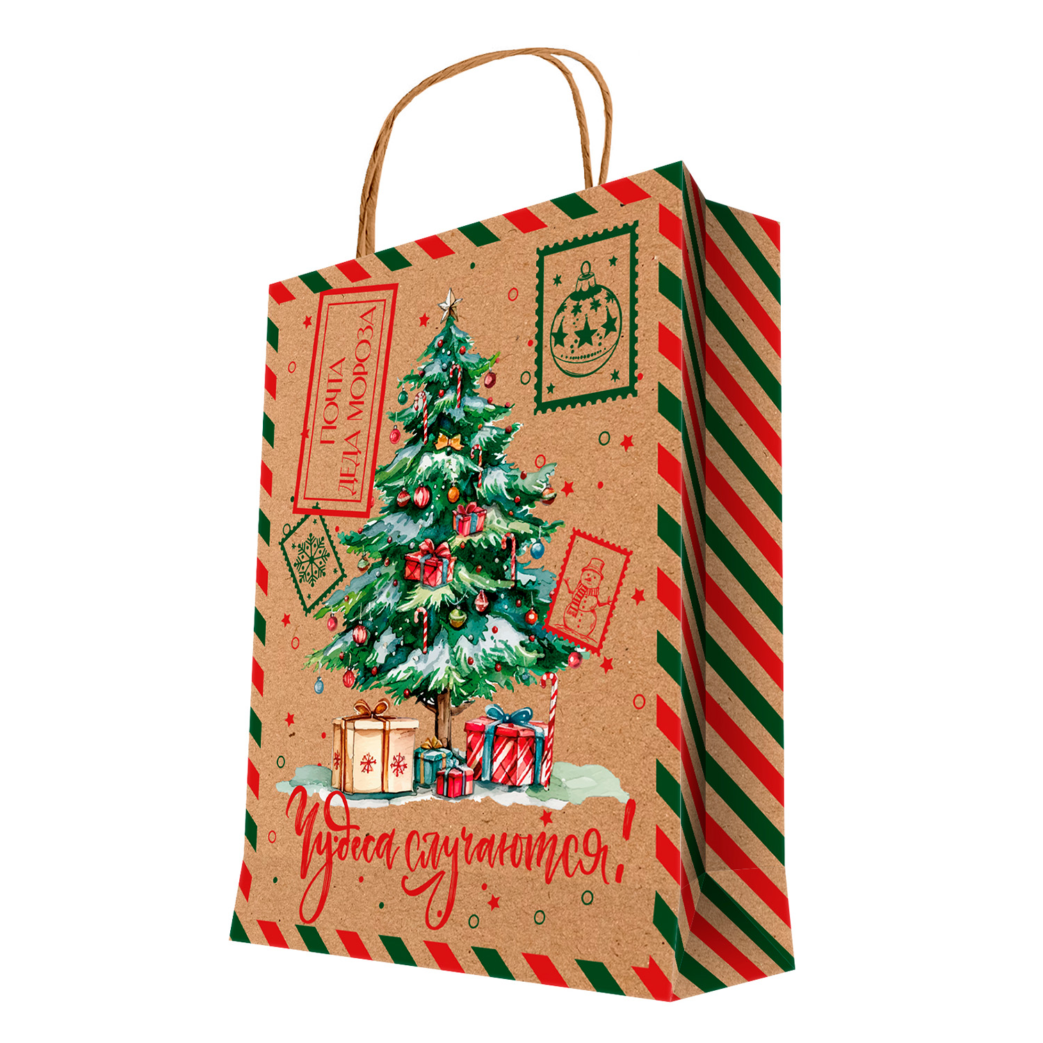 Пакет подарочный новогодний Феникс Презент Чудеса случаются из крафт-бумаги 26*33*13см - фото 1