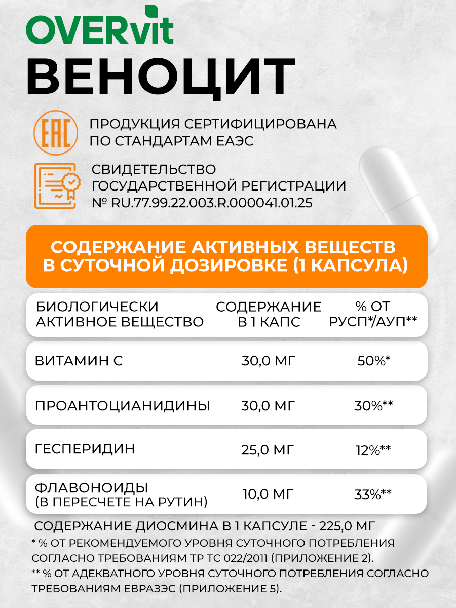 Веноцит диосмин гесперидин OVER бад для вен и сосудов от варикоза отеков и тяжести в ногах 60 капсул - фото 5