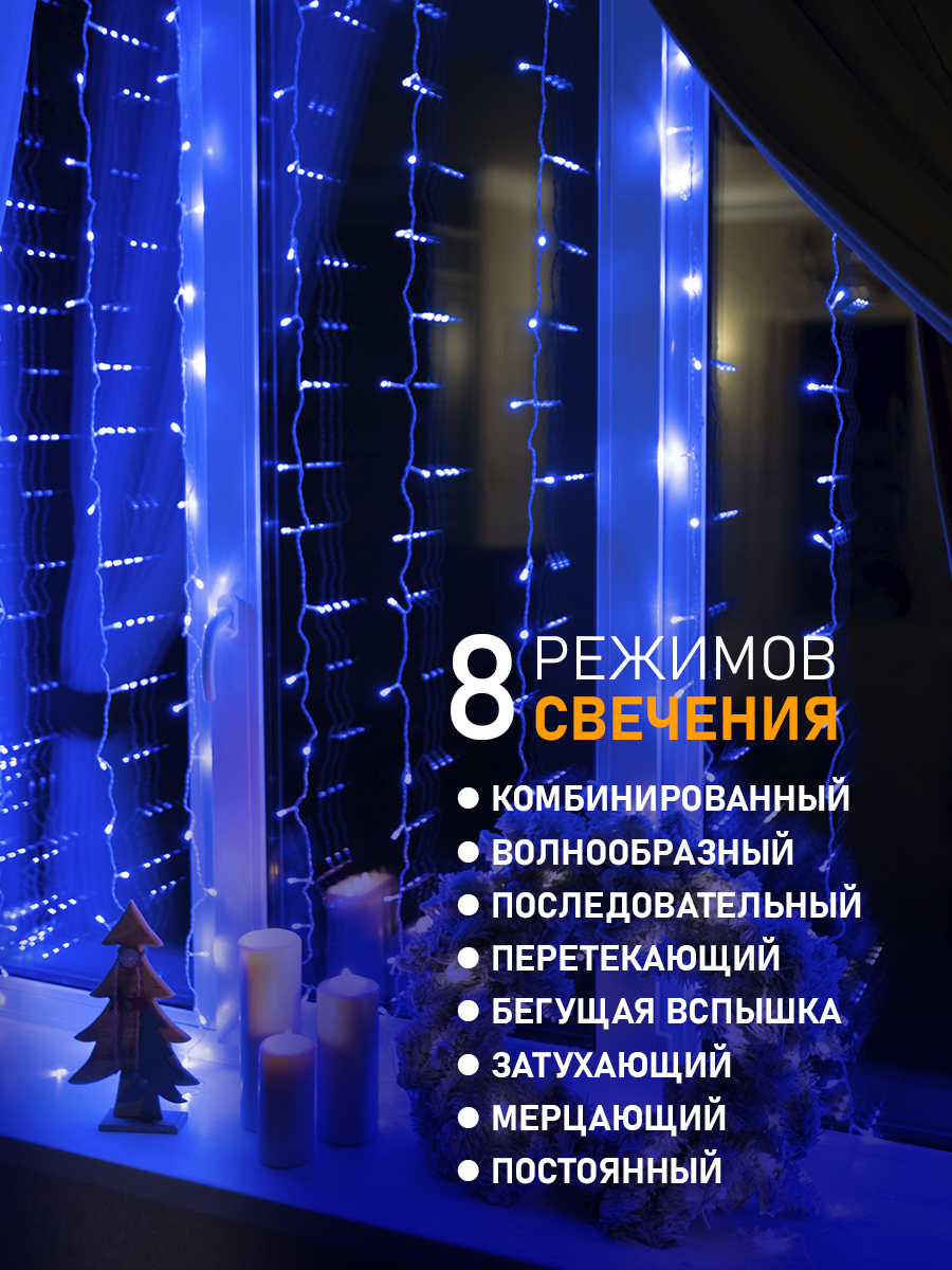 Светодиодная гирлянда NEON-NIGHT Дождь-занавес 1.5х1.5 м 8 режимов синее свечение - фото 3