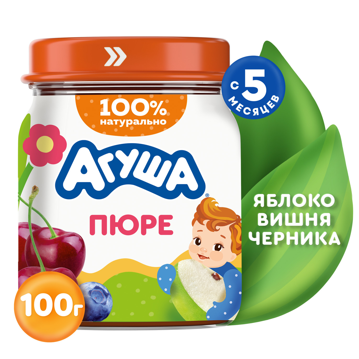 Пюре Агуша Яблоко-черника-вишня с 5 мес 100 г - фото 1