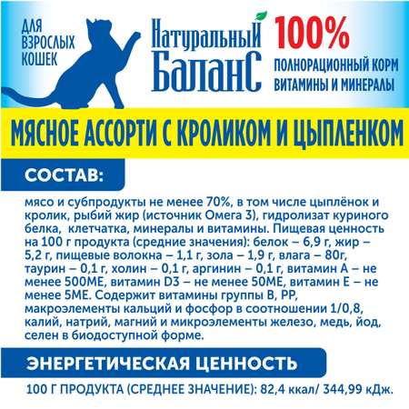 Влажный корм для кошек Натуральный Баланс с кроликом и цыпленком 100г х 6шт