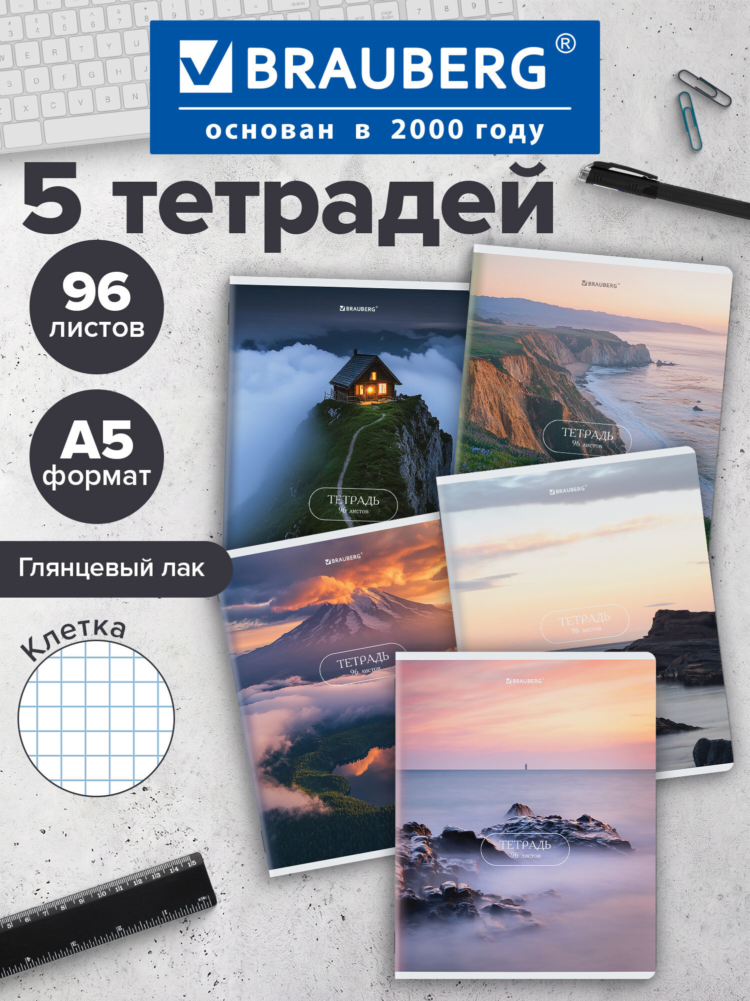 Общая тетрадь Brauberg клетка 96 лист. 5 шт. - фото 1